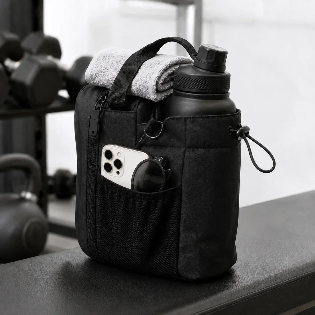 ATHREXX magnetic gym bag holding phone towel and bottle