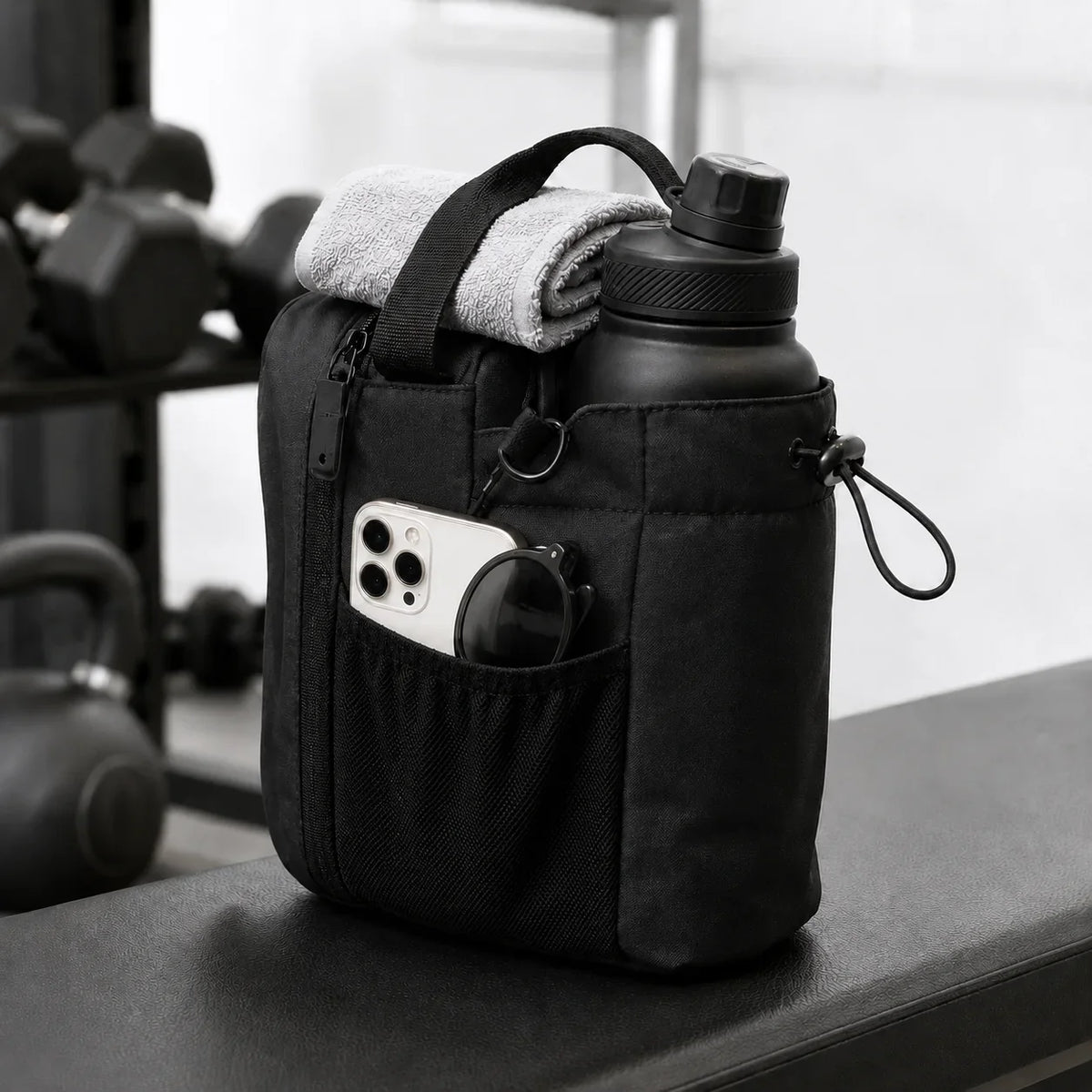 ATHREXX magnetic gym bag holding phone towel and bottle